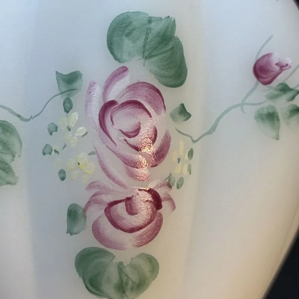 Fenton White Satin Rose Garden Melon Vase Hand Painted Ruffles Ribbed 5.5